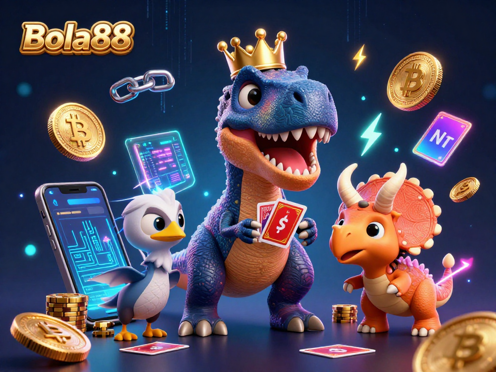 Bola88 menyajikan aksi menarik dengan T-Rex bermain kartu dan triceratops mengumpulkan chip emas dalam atmosfer kasino digital.