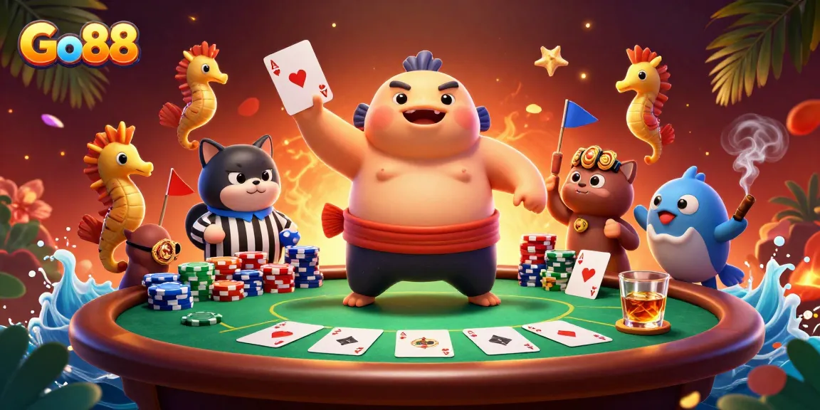 Join the exciting Go88 gaming adventure with a dynamic poker scene featuring colorful characters and vibrant casino elements.