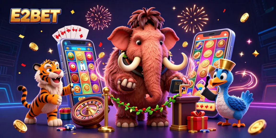 Engage with E2BET's dynamic casino experience featuring colorful slot games and festive characters.