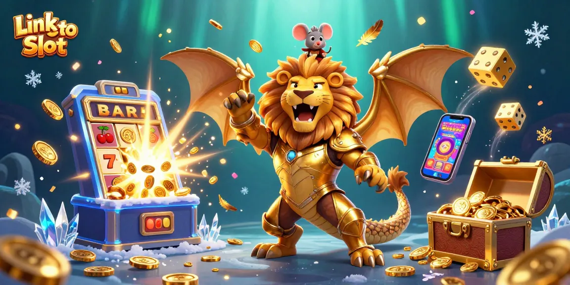 Experience thrilling action with Link Toto Slot featuring a 3D chimera, slot machine, and vibrant casino elements.
