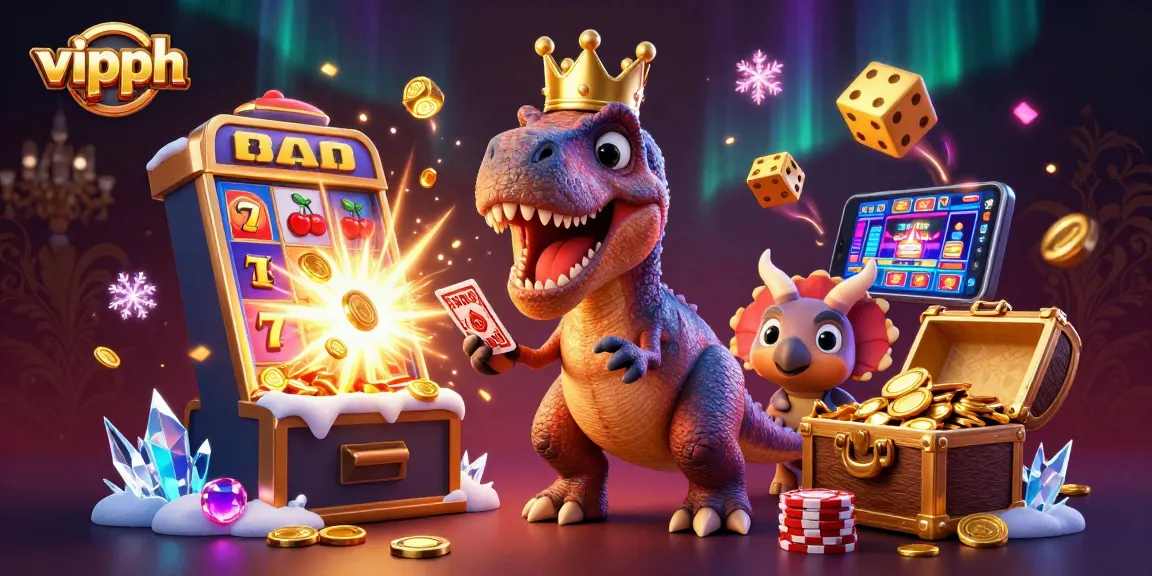 Engage with the energetic scene of vipph featuring a T-Rex shuffling cards, a pterodactyl assisting, and a triceratops stacking chips amidst explosive casino visuals.