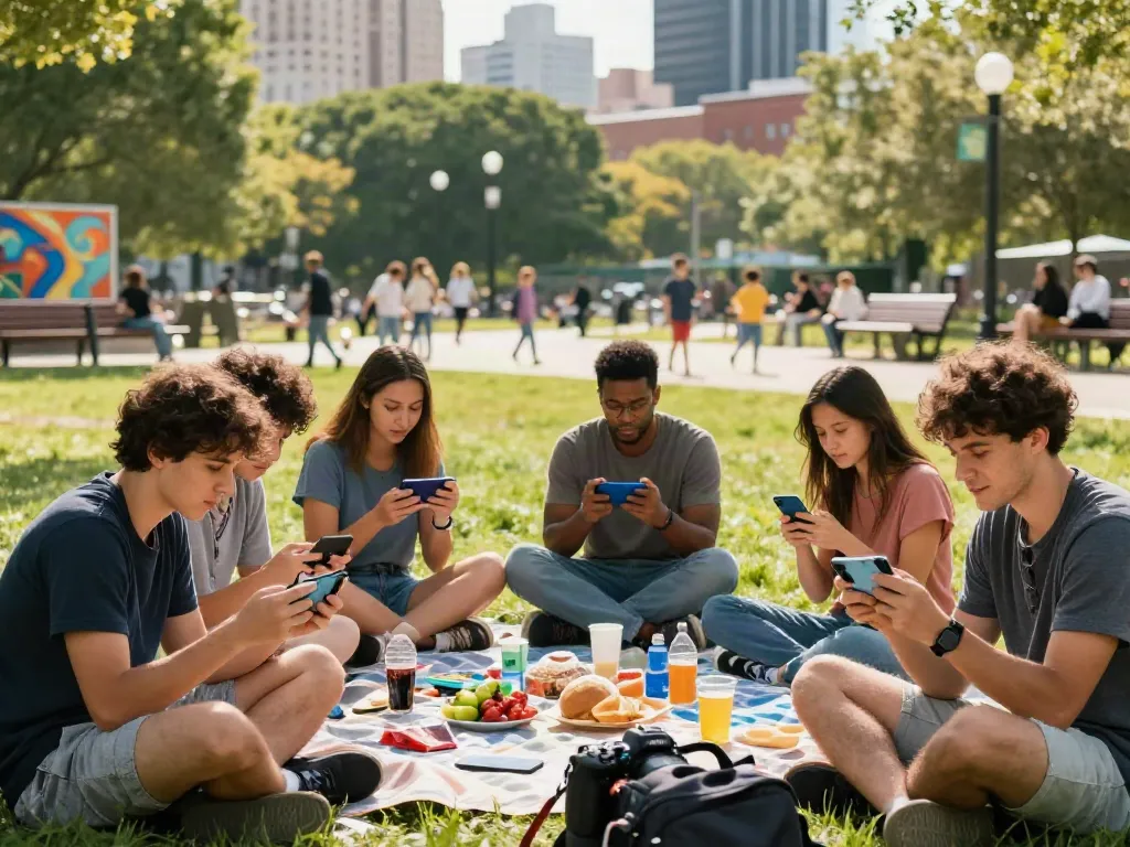 Diverse friends enjoying a casual gaming session discussing unsurtoto in a vibrant urban park.