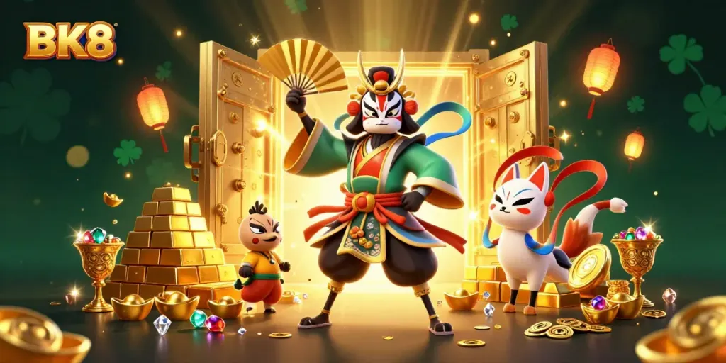 Experience thrilling gameplay with BK8’s vibrant casino culture in this dynamic 3D illustration.