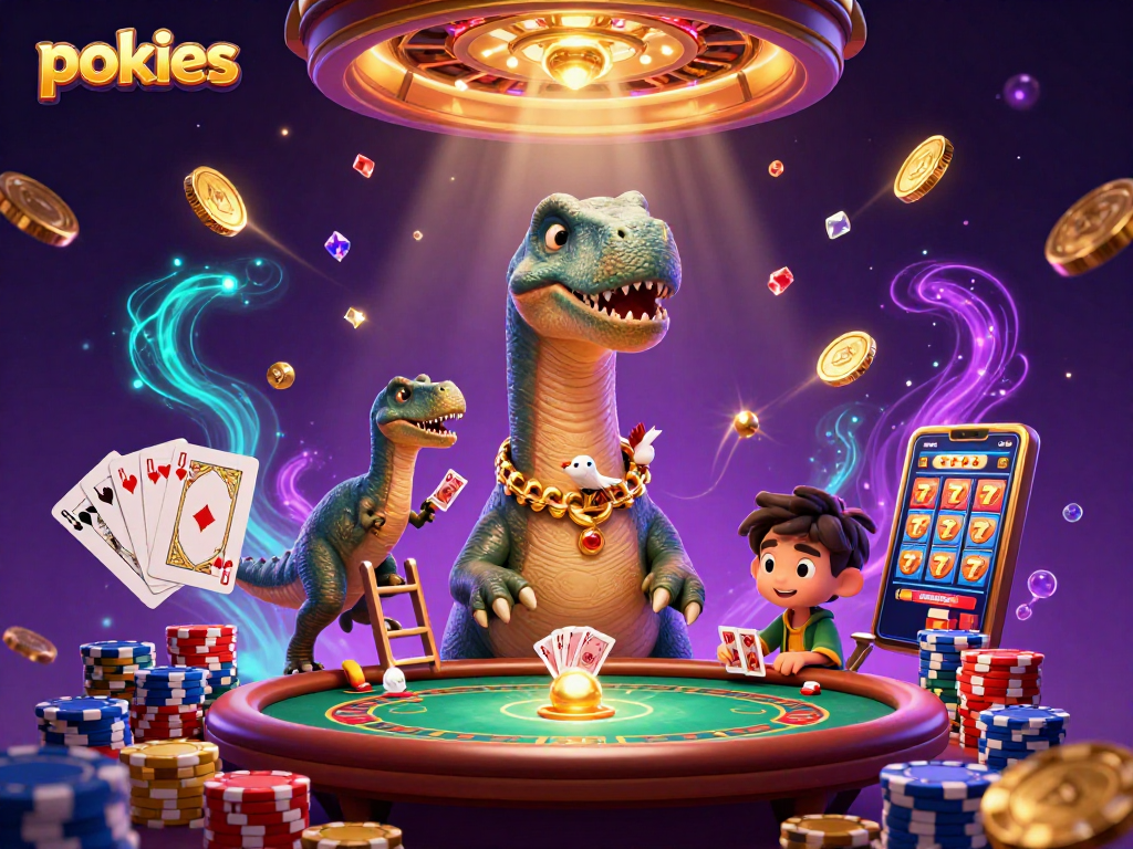 Experience thrilling pokies action with a brontosaurus and raptor in a vibrant casino