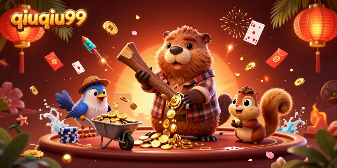 Join the excitement with qiuqiu99 as a cartoon beaver chops trees raining golden coins in this engaging casino scene.