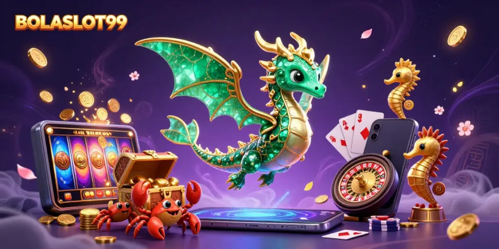 Experience the thrilling world of BOLASLOT99 with vivid sea dragon characters and captivating slot game elements.