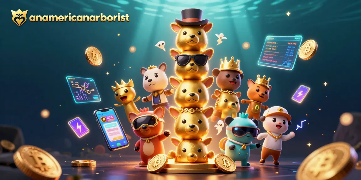 Engage with anamericanarborist in a vibrant crypto casino scene featuring animated totem poles and glowing coins.