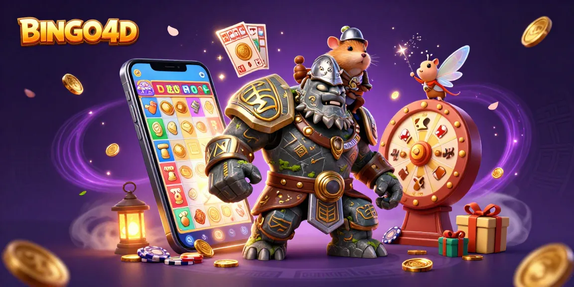 Pemainan BINGO4D dengan golem hidup, peri ajaib, dan ksatria hamster berarmor di dunia bingo yang menakjubkan.