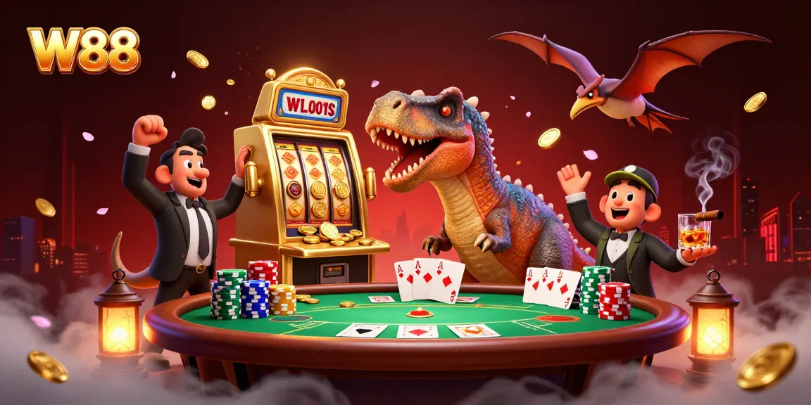 Experience the excitement of W88 as a pachycephalosaurus wins a jackpot amid a thrilling casino scene.
