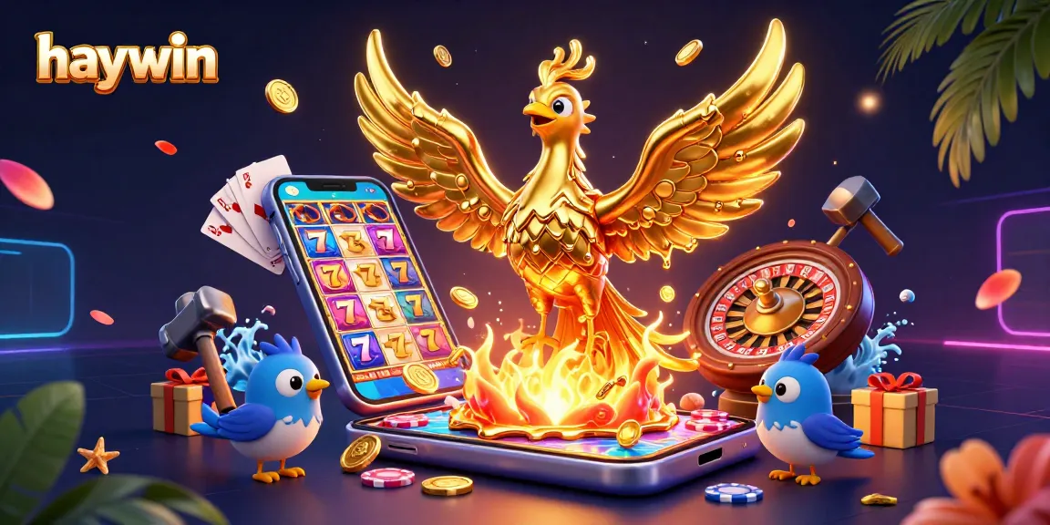 Experience the thrill of winning with Haywin's stunning 3D gaming scene featuring a golden phoenix and vibrant casino elements.