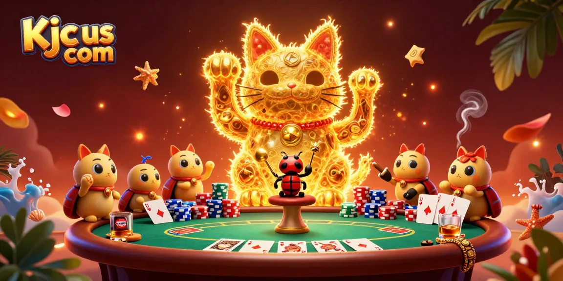 Engage with luck at Kjc us com with a giant lucky cat crafted from golden fireflies and vibrant poker elements.