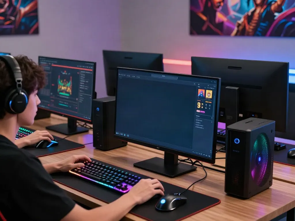 Player immersed in a thrilling akunjp online gaming experience with vibrant workspace lights and gaming gear.