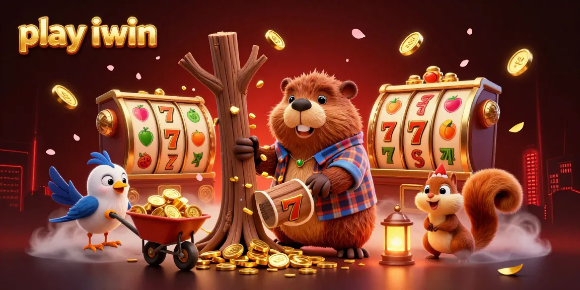 Play iwin as a fun 3D cartoon scene with vibrant slot reels and animated characters.