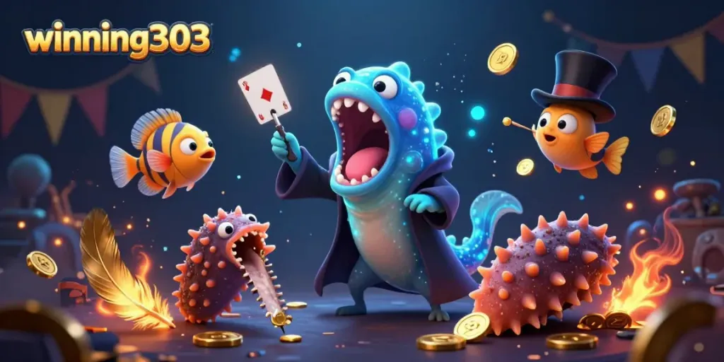 Experience winning303 magic with an eel magician performing tricks in a vibrant underwater casino scene.