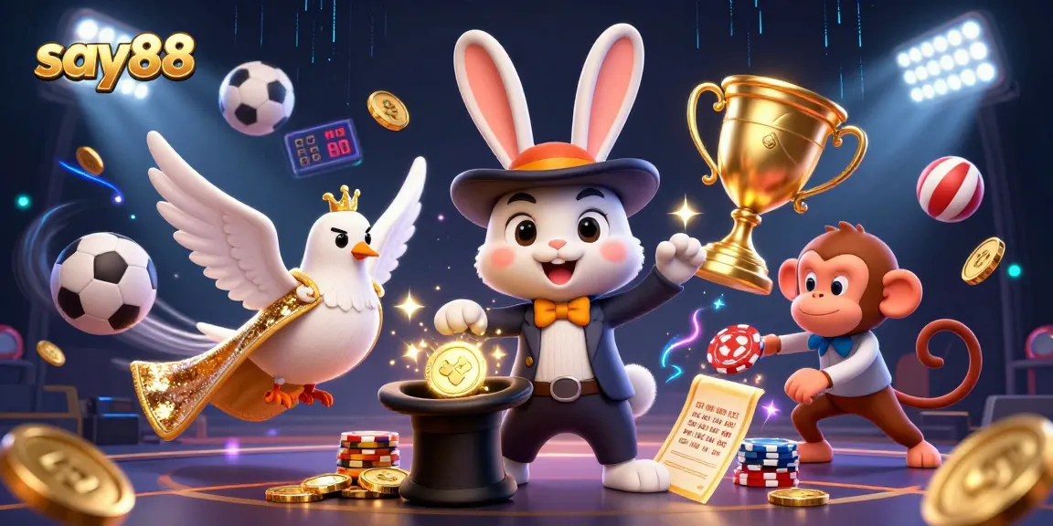 Experience the thrilling casino world with say88 as a magician rabbit conjures gold coins amidst playful characters.