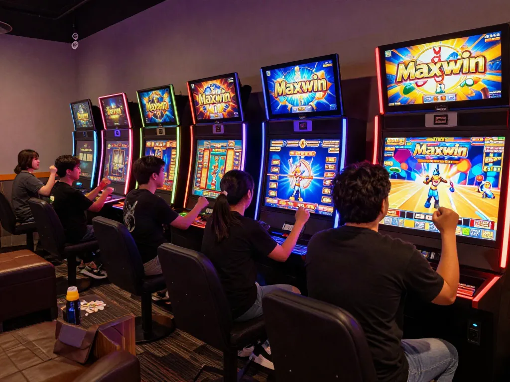 Exciting scene of players engaging with slot gacor maxwin games in a vibrant online gaming lounge.