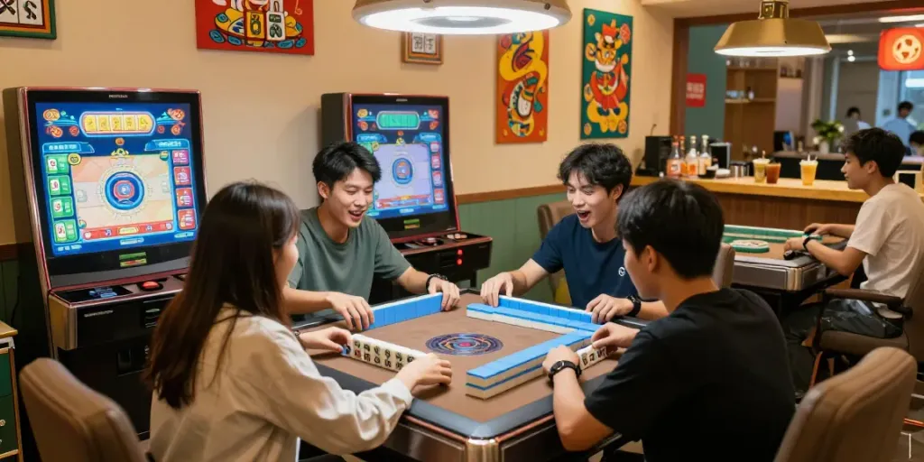 Pengalaman bermain slot mahjong dengan pemain gembira di meja Mahjong.