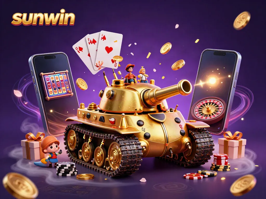 Experience the fun at Sunwin with a vibrant 3D casino scene featuring a unique golden beetle tank and exciting game elements.