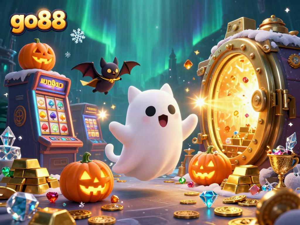 Experience the thrilling atmosphere of go88 with a ghost cat and vampire bat in a haunted casino scene.