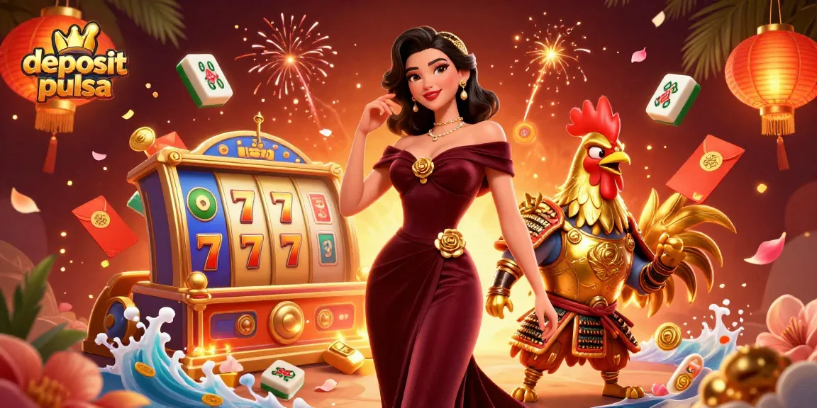 Putar untuk menang besar dengan deposit pulsa di adegan kasino yang semarak ini menampilkan seorang wanita glamor dan seekor ayam jantan pejuang.