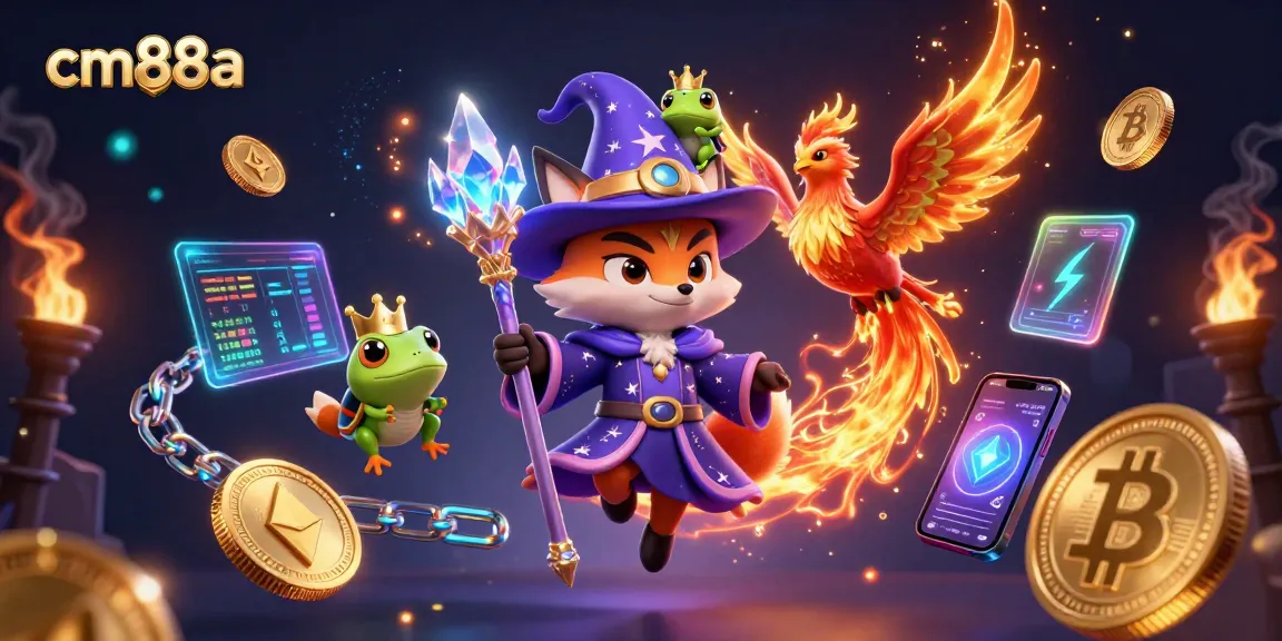 Experience thrilling games at cm88a with a mystical wizard and phoenix in a vibrant casino scene.