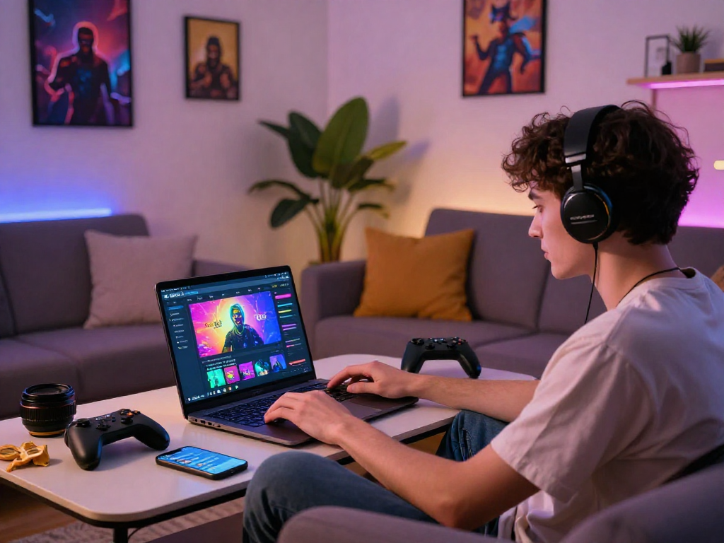 Young adult enjoying online games via FairPlay id in a cozy home setting.