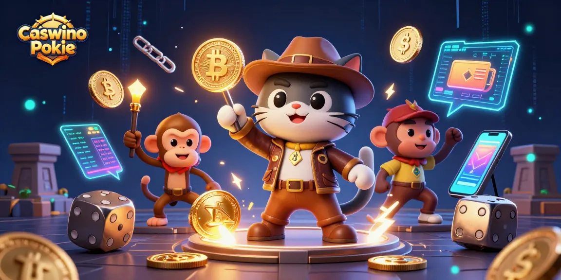 Spin to win at Caswino Pokie in this vibrant 3D artwork of an adventurous cat and monkey!