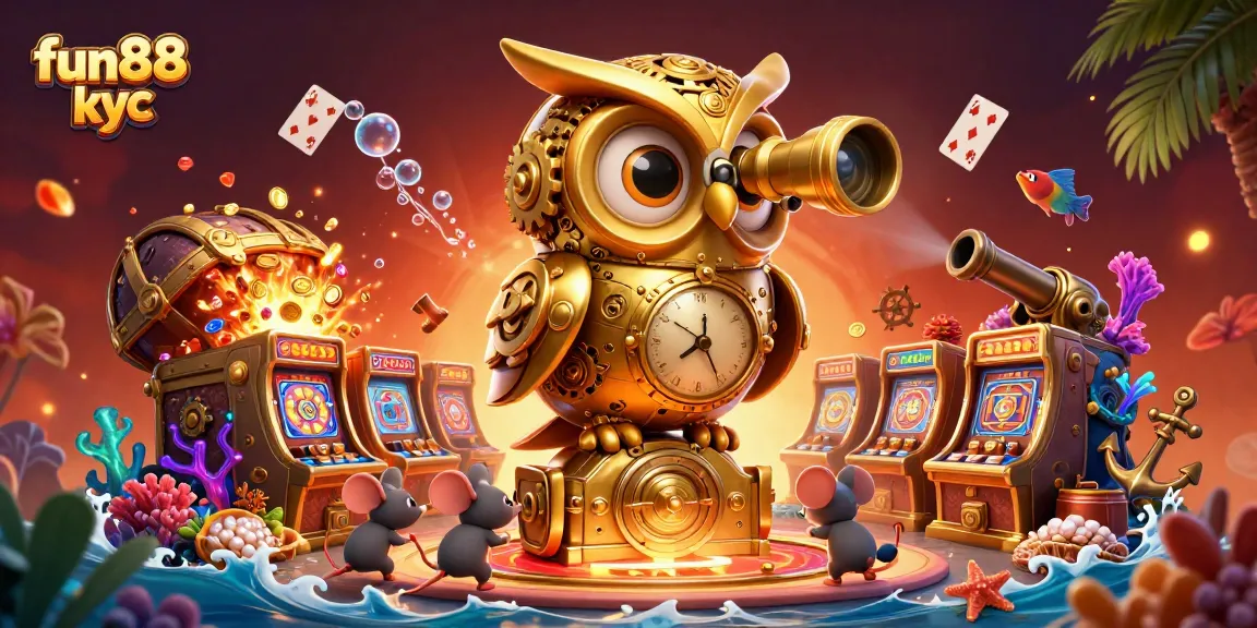 Chơi slot tại fun88 kyc với hình ảnh con cú vàng 3D và kho báu đầy vàng, tạo nên không gian tuyệt vời.