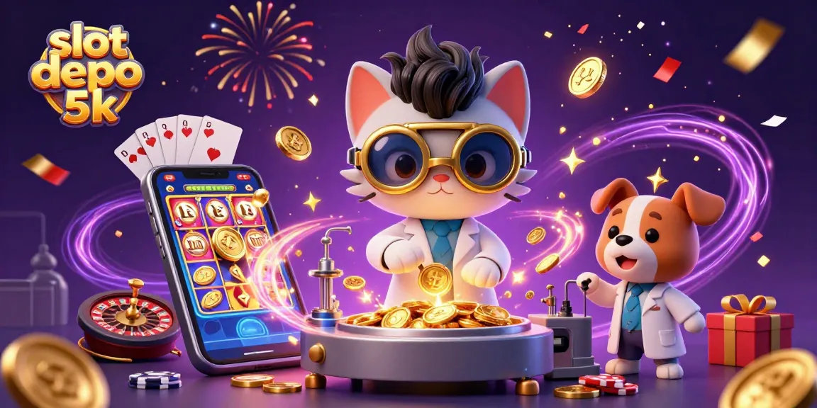 Experience excitement with slot depo 5k as golden coins erupt from a smartphone amidst a vibrant casino scene.