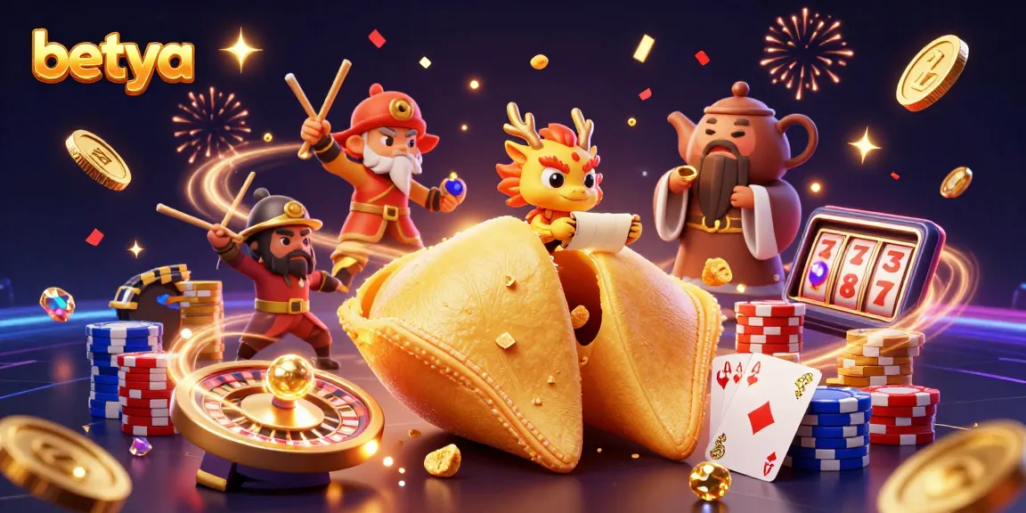Betya's vibrant casino scene showcases a golden fortune cookie with dynamic gambling action.