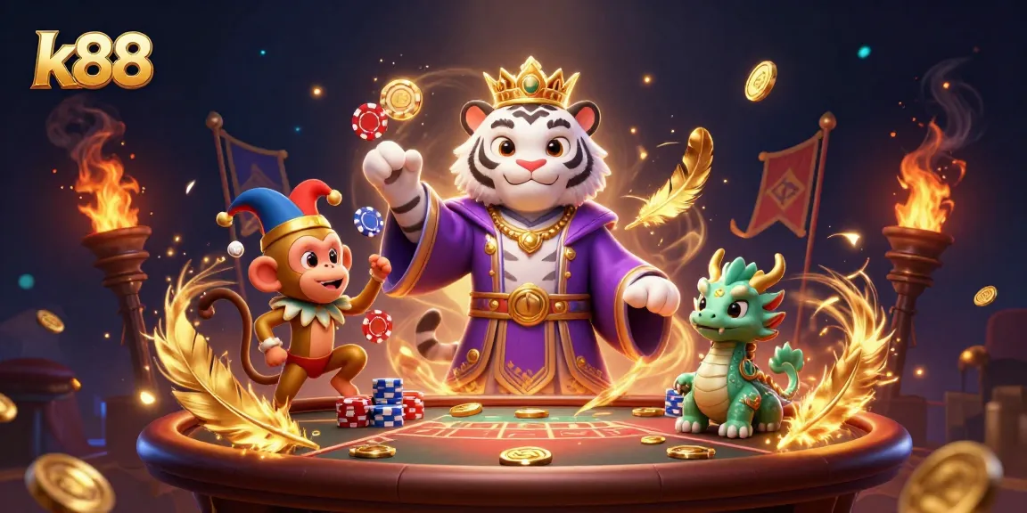 Engage with k88's lively casino atmosphere featuring a regal tiger and a jester monkey.