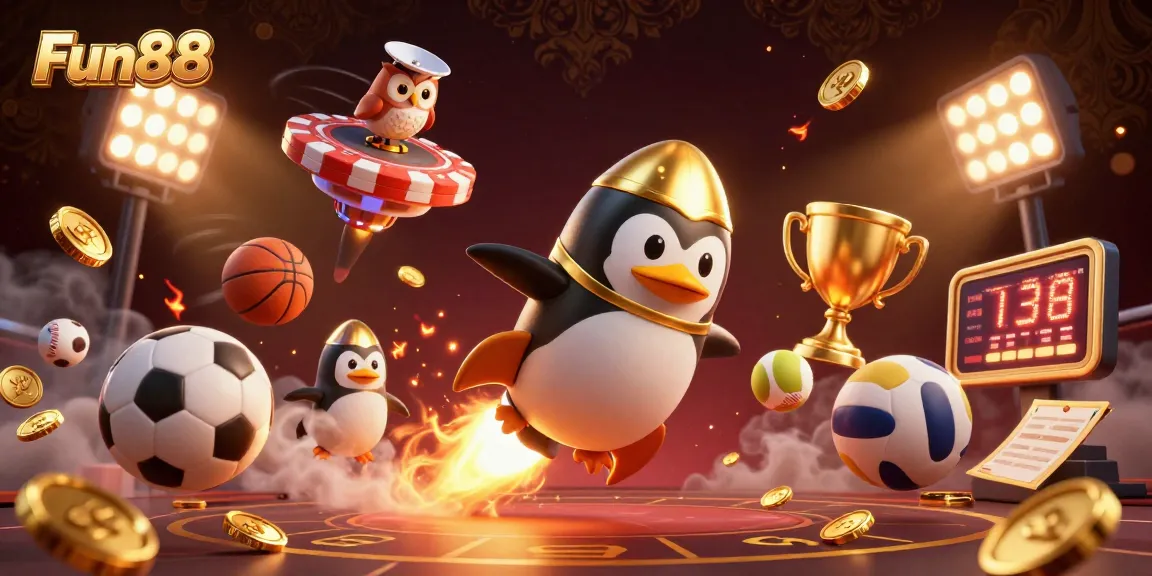 Experience Fun88 with a dynamic casino adventure featuring a golden penguin and vibrant sports elements.