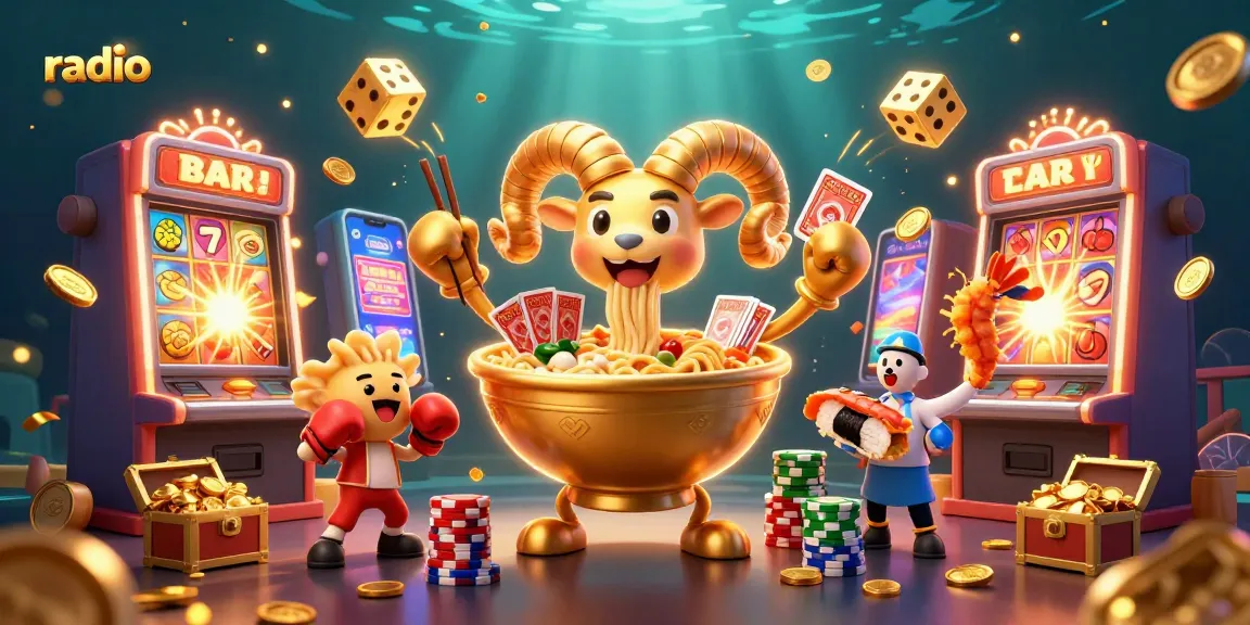 Win79 radio showcases a vibrant casino scene with dynamic characters playing card games and bursting slot machines.