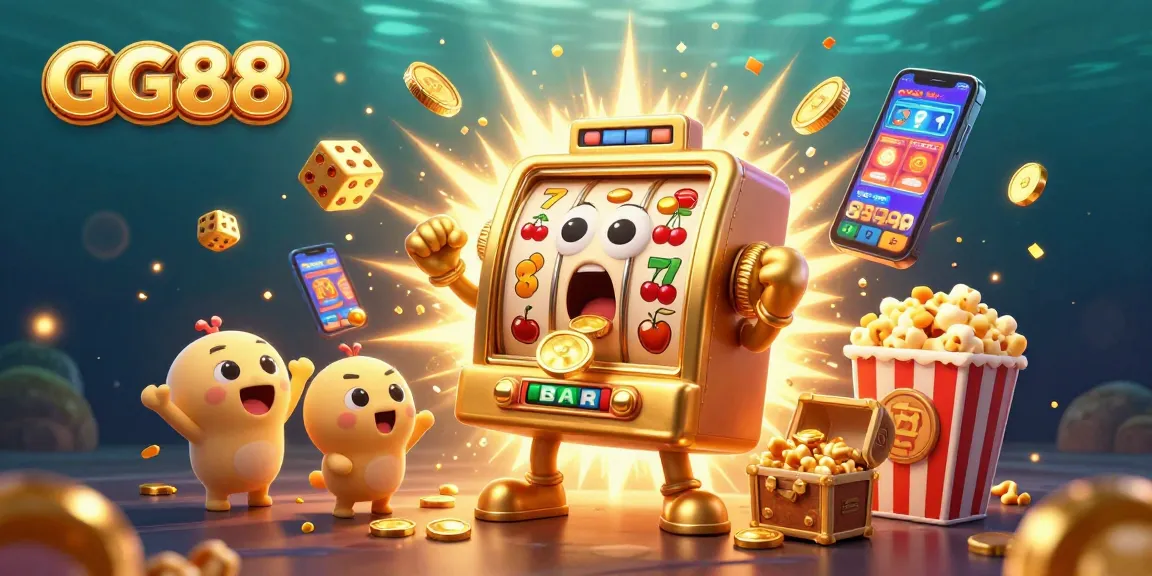 Experience the excitement at GG88 with a golden slot machine hitting a jackpot amidst golden coins and cheerful baby slots.