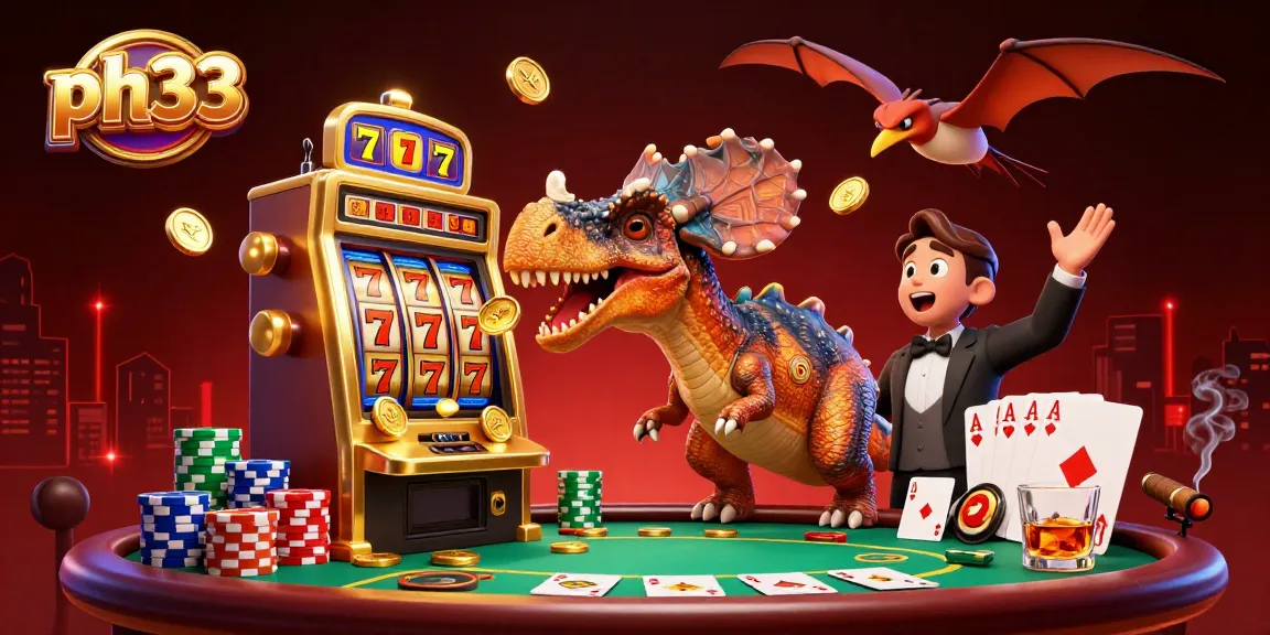 In the ph33 casino, a pachycephalosaurus wins jackpot coins from a golden slot machine surrounded by gaming elements.