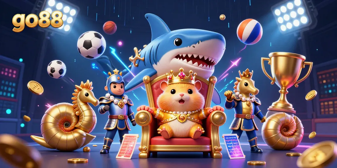 Join the go88 gaming realm with the golden hamster king amidst vibrant casino action!