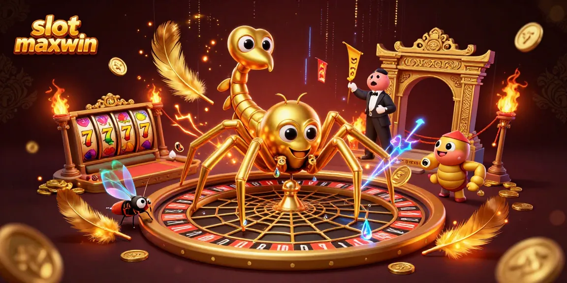 Experience the thrill of slot maxwin as a golden spider spins its web like a roulette wheel, surrounded by dynamic casino elements.