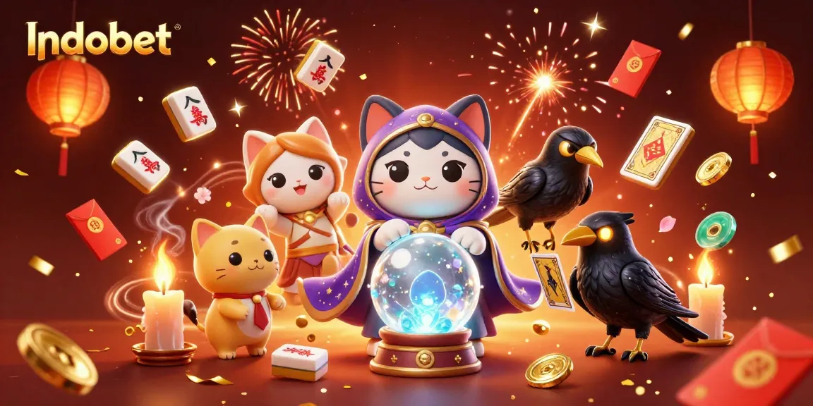 Indobet menghadirkan ilustrasi 3D dengan karakter kucing mistik dan permainan mahjong yang memikat, penuh warna dan detail.