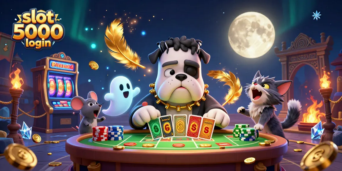 Experience excitement with slot 5000 login as the Frankenstein bulldog monster deals cards at a haunted table.