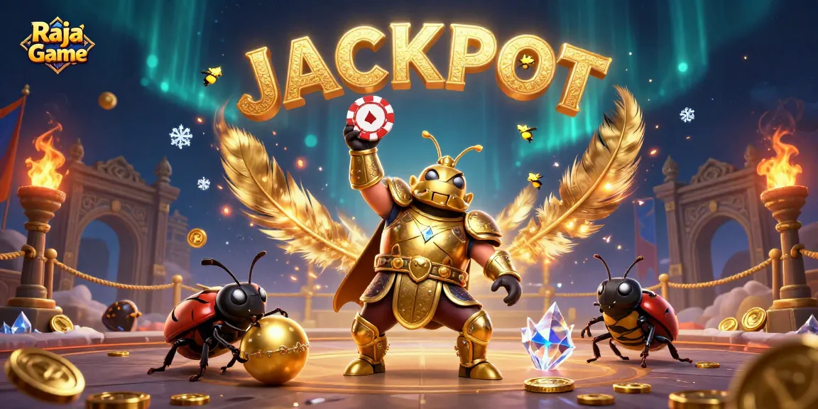 Win big with Raja Game in this vibrant 3D scene showcasing exciting casino elements.