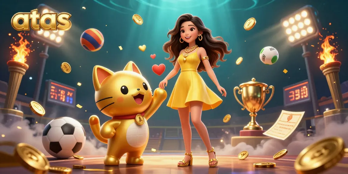 Experience excitement at atas casino with a cheerful Asian woman and a lucky cat among flying sports elements.