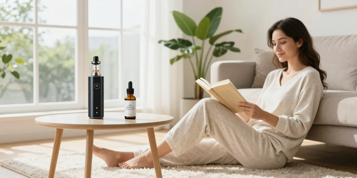 Legal vaping age in Cyprus highlighted in a wellness scene featuring a woman enjoying CBD oil and a vape device in a natural environment.