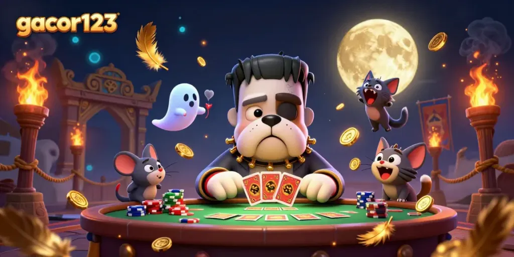Experience winning strategies at gacor123 with a lively 3D gaming scene featuring playful characters.