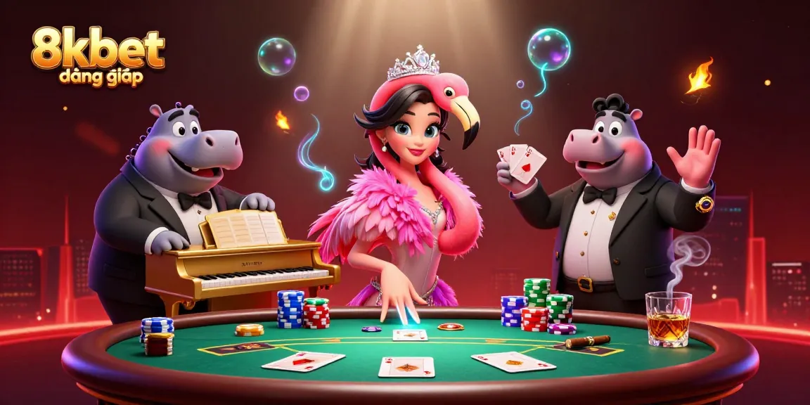 Engage with 8xbet đăng nhập in this vibrant casino illustration featuring lively characters and dynamic gaming elements.