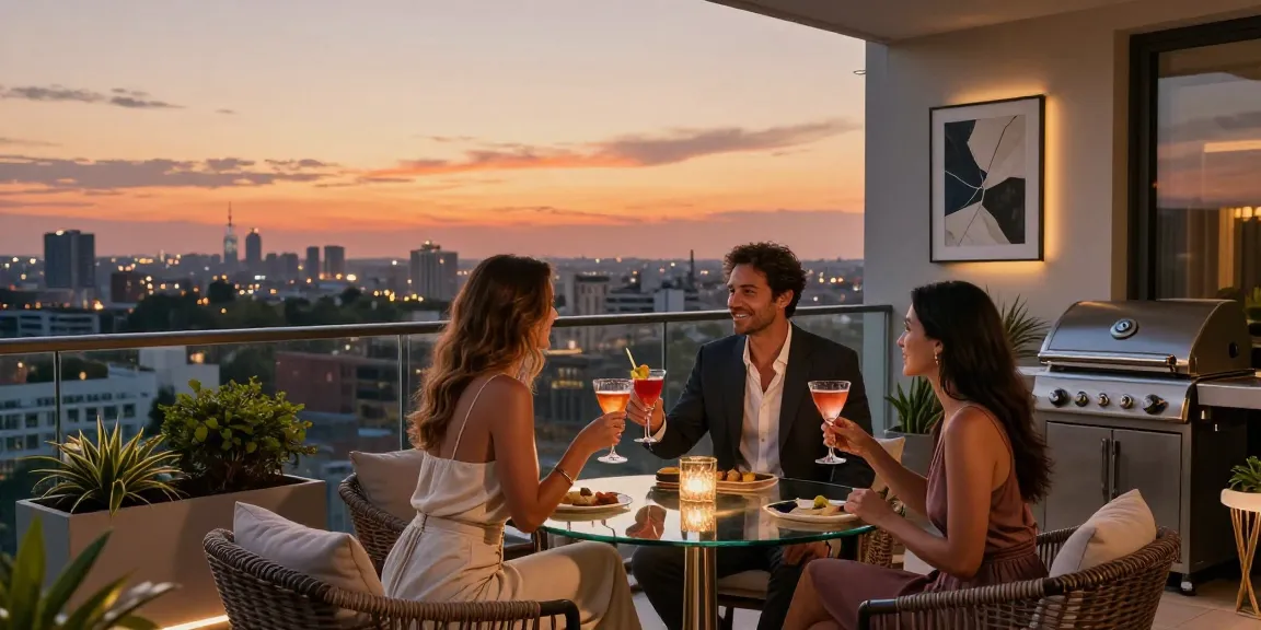 Pasangan menikmati momen santai dengan LUXURY 111 di apartemen mewah, menikmati cocktail saat matahari terbenam.