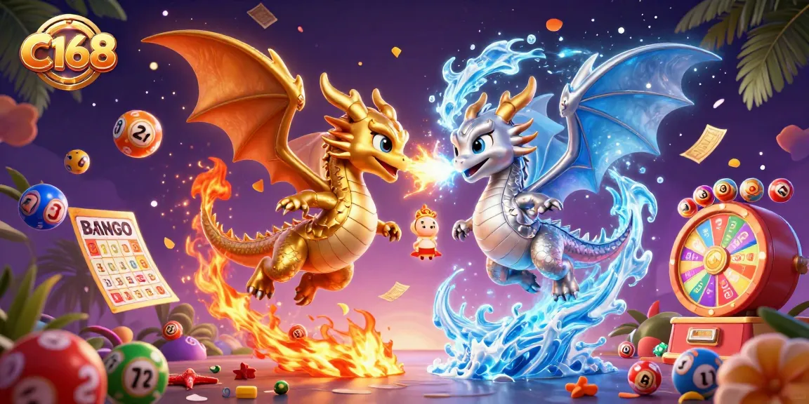 C168 captivates with twin dragons battling flames and ice amidst dynamic lottery elements.