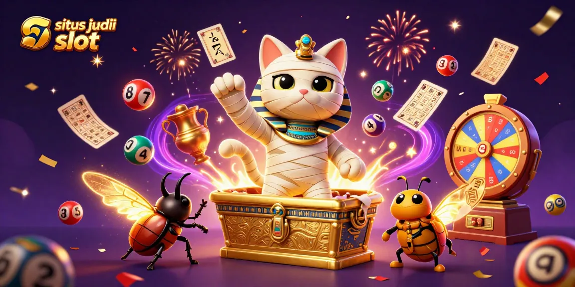 Bermain situs judi slot dengan karakter judi yang menarik, bola lotere berwarna-warni, dan efek kemenangan.