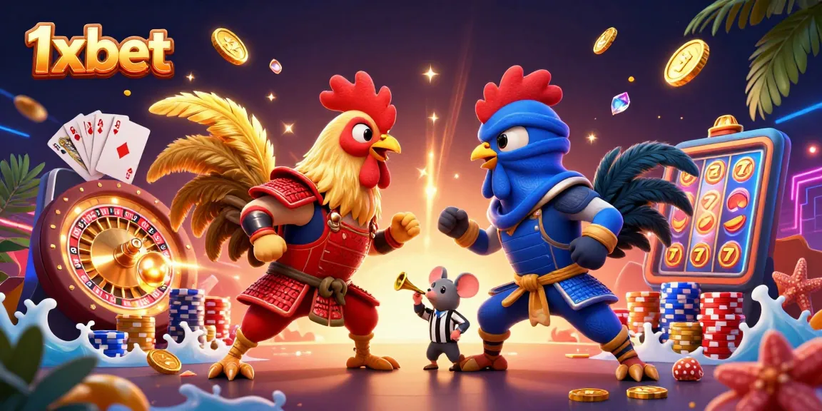 Experience thrilling action with 1x bet as roosters clash in a vibrant casino scene.