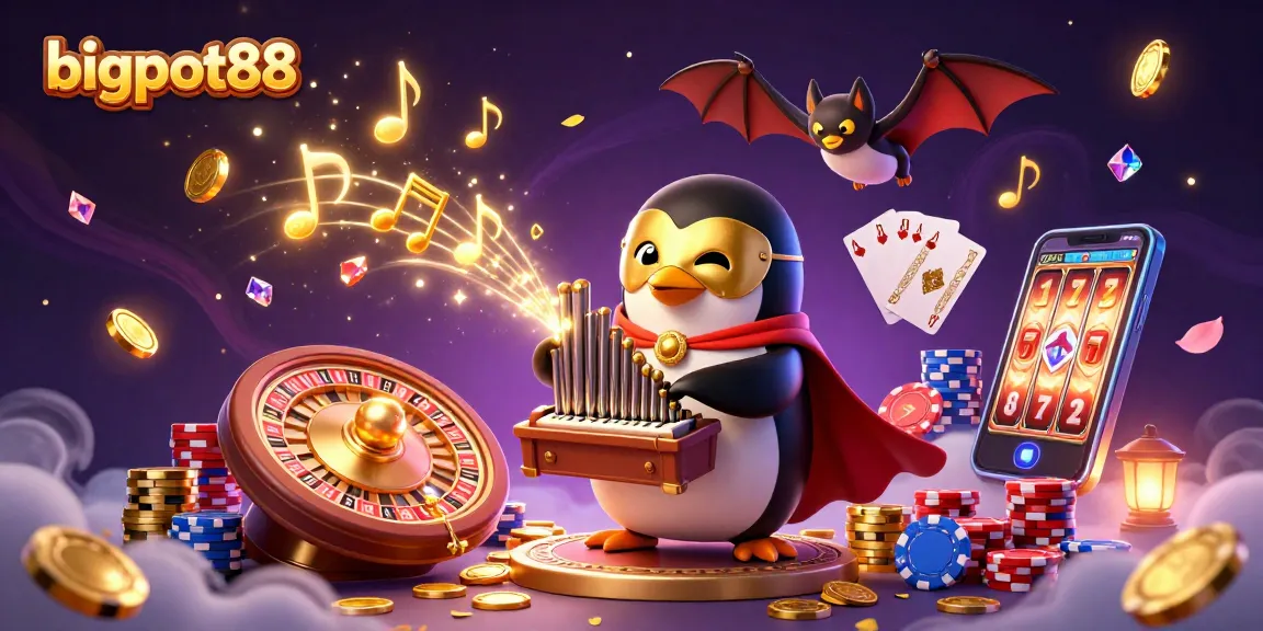 Experience bigpot88 with vibrant casino action and immersive 3D visuals of organ-playing penguin.