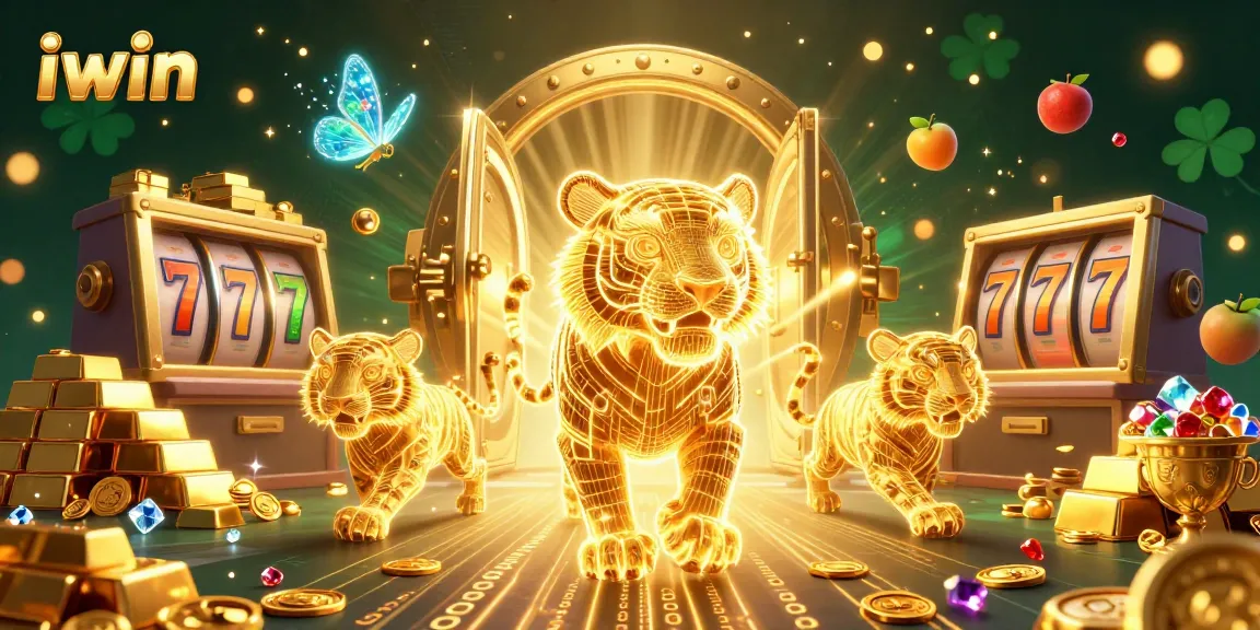 Spin to win with iwin as the glowing golden tiger and shimmering jewels light up the casino.